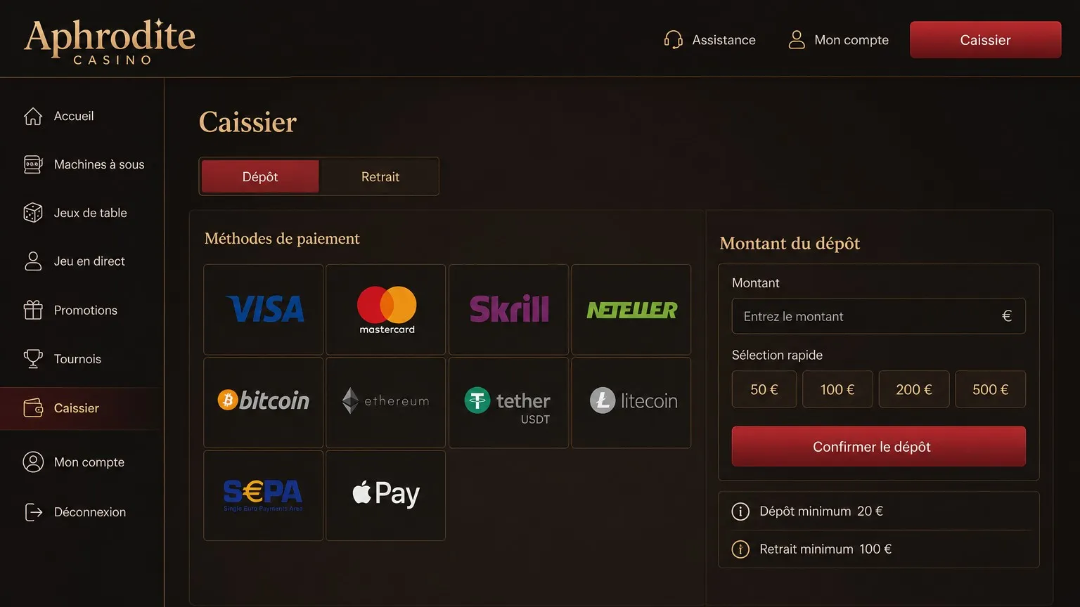 Méthodes de paiement et retrait sur Aphrodite Casino